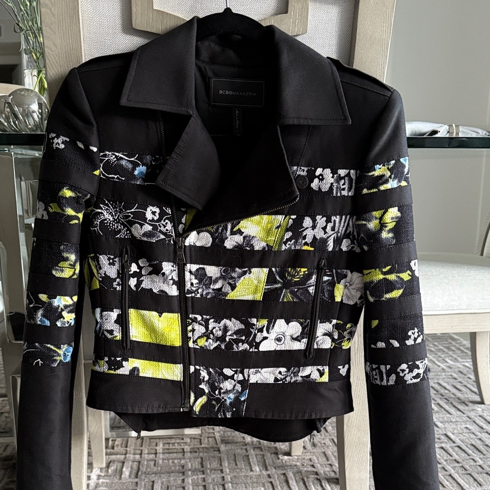 BCBGMaxAzria Women's Black and Yellow Floral Leather Jacket